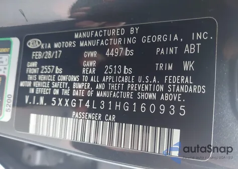 2017 Kia Optima Lx from USA, damaged, VIN 5XXGT4L31HG160935